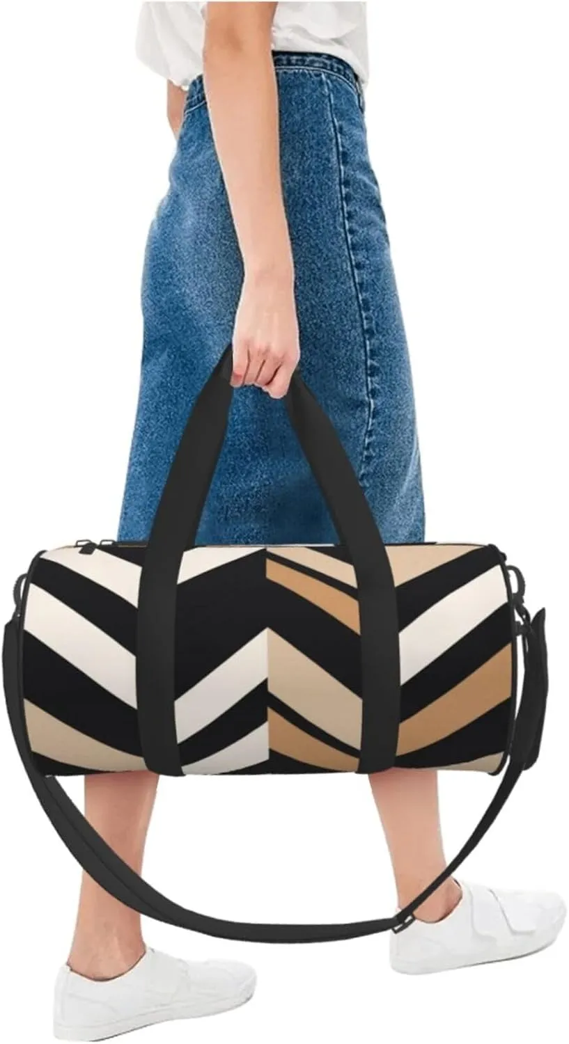 Black White Tan Zigzag Printed Travel Bag,Round Personal Item Storage bag,Foldie Duffel Bag for Traveling Vacation,Fitness,Sports