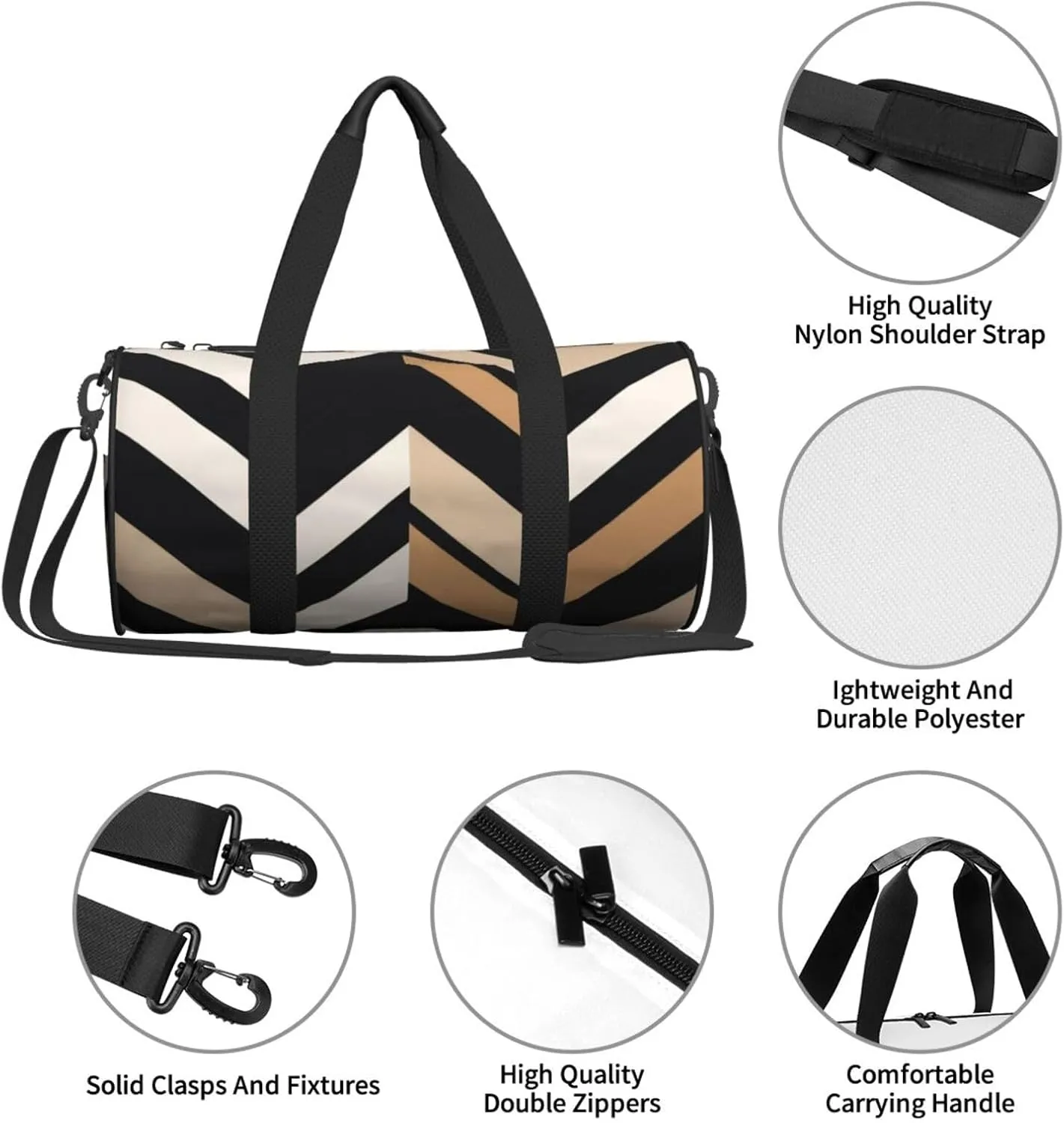 Black White Tan Zigzag Printed Travel Bag,Round Personal Item Storage bag,Foldie Duffel Bag for Traveling Vacation,Fitness,Sports