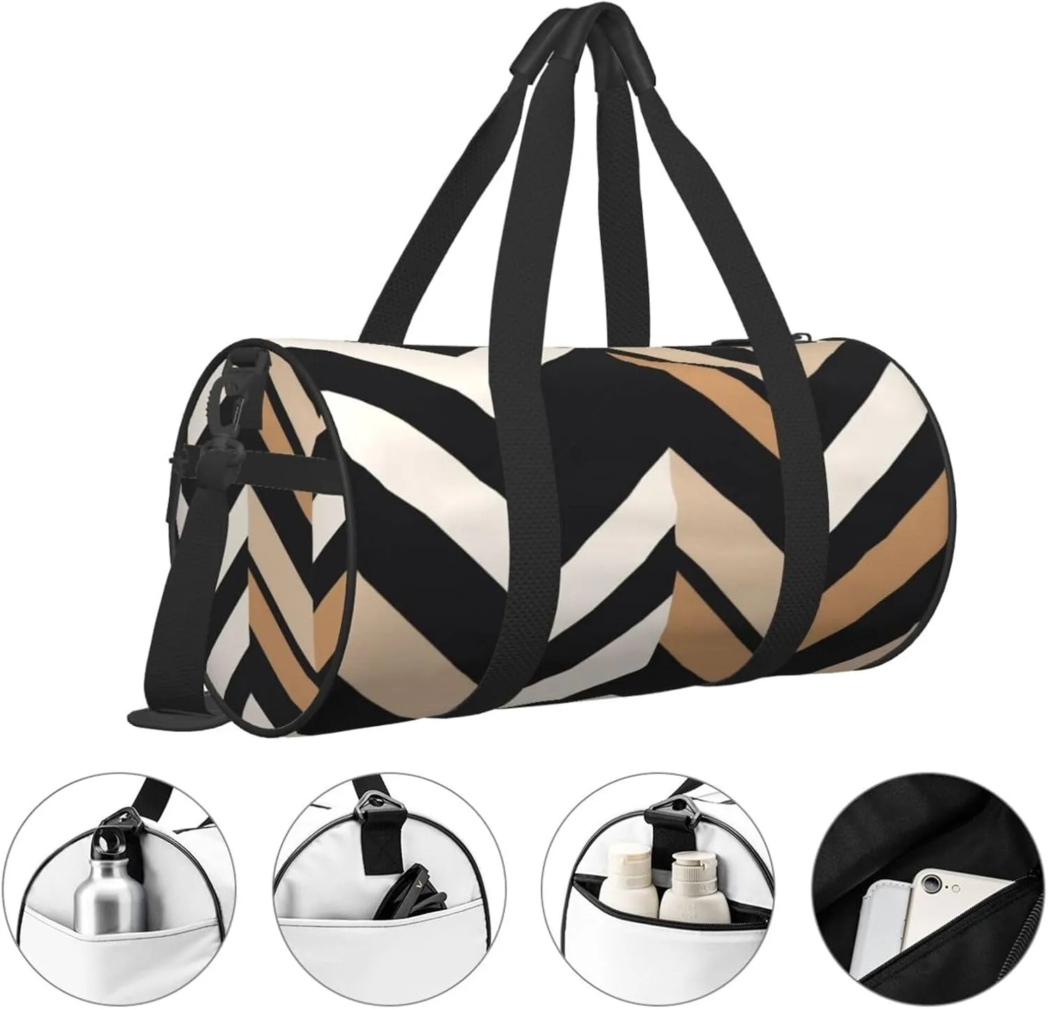 Black White Tan Zigzag Printed Travel Bag,Round Personal Item Storage bag,Foldie Duffel Bag for Traveling Vacation,Fitness,Sports