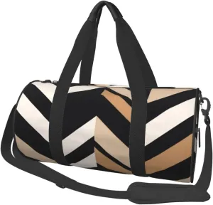 Black White Tan Zigzag Printed Travel Bag,Round Personal Item Storage bag,Foldie Duffel Bag for Traveling Vacation,Fitness,Sports