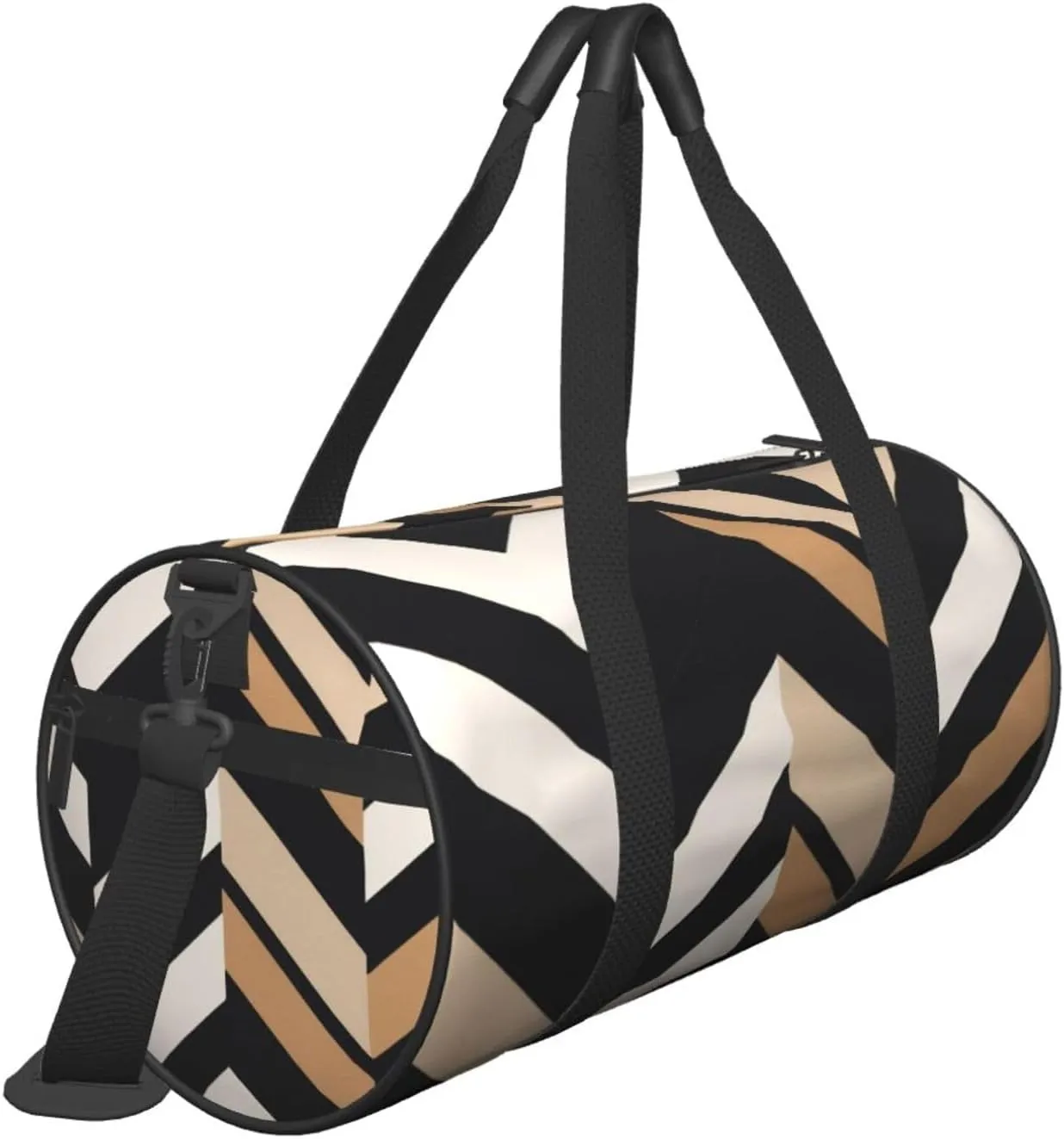 Black White Tan Zigzag Printed Travel Bag,Round Personal Item Storage bag,Foldie Duffel Bag for Traveling Vacation,Fitness,Sports