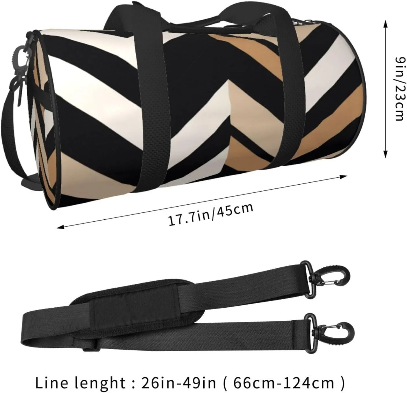 Black White Tan Zigzag Printed Travel Bag,Round Personal Item Storage bag,Foldie Duffel Bag for Traveling Vacation,Fitness,Sports