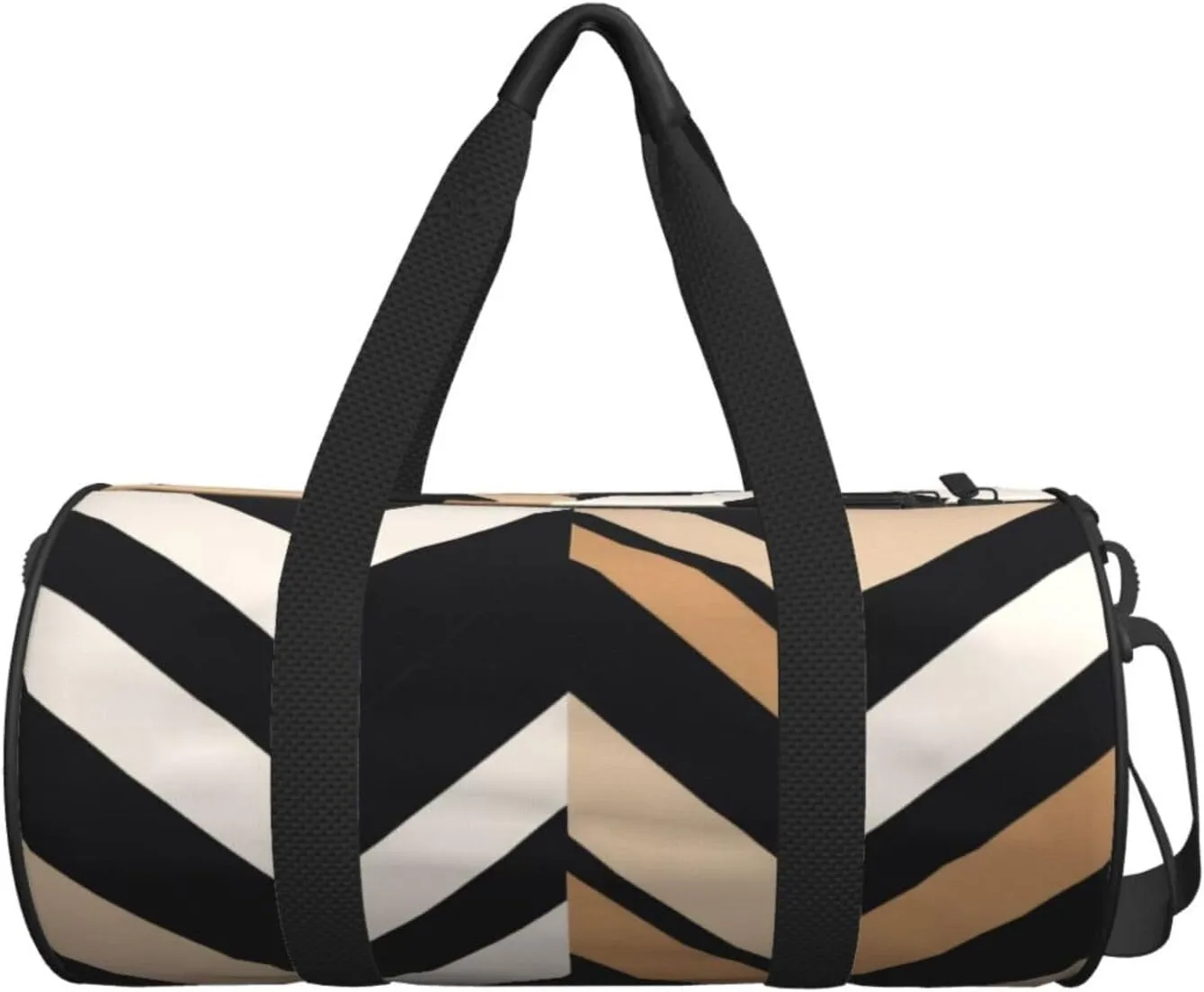 Black White Tan Zigzag Printed Travel Bag,Round Personal Item Storage bag,Foldie Duffel Bag for Traveling Vacation,Fitness,Sports