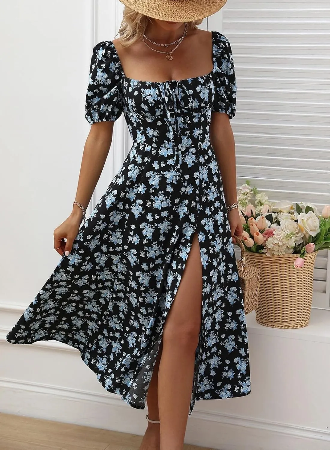 BLENCOT Womens Casual Summer Square Neck Short Sleeve Split Thigh Dress Boho Floral Print Tie Front Midi Dresses