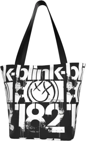 Blink Classic Rock 182 Reusable Grocery Bag Shopping Bags Tote Bags with Zipper Women Shoulder Bag for Outdoor Storage Bag Funny Daily Bag Large Capacity Handbag for Kitchen, Black