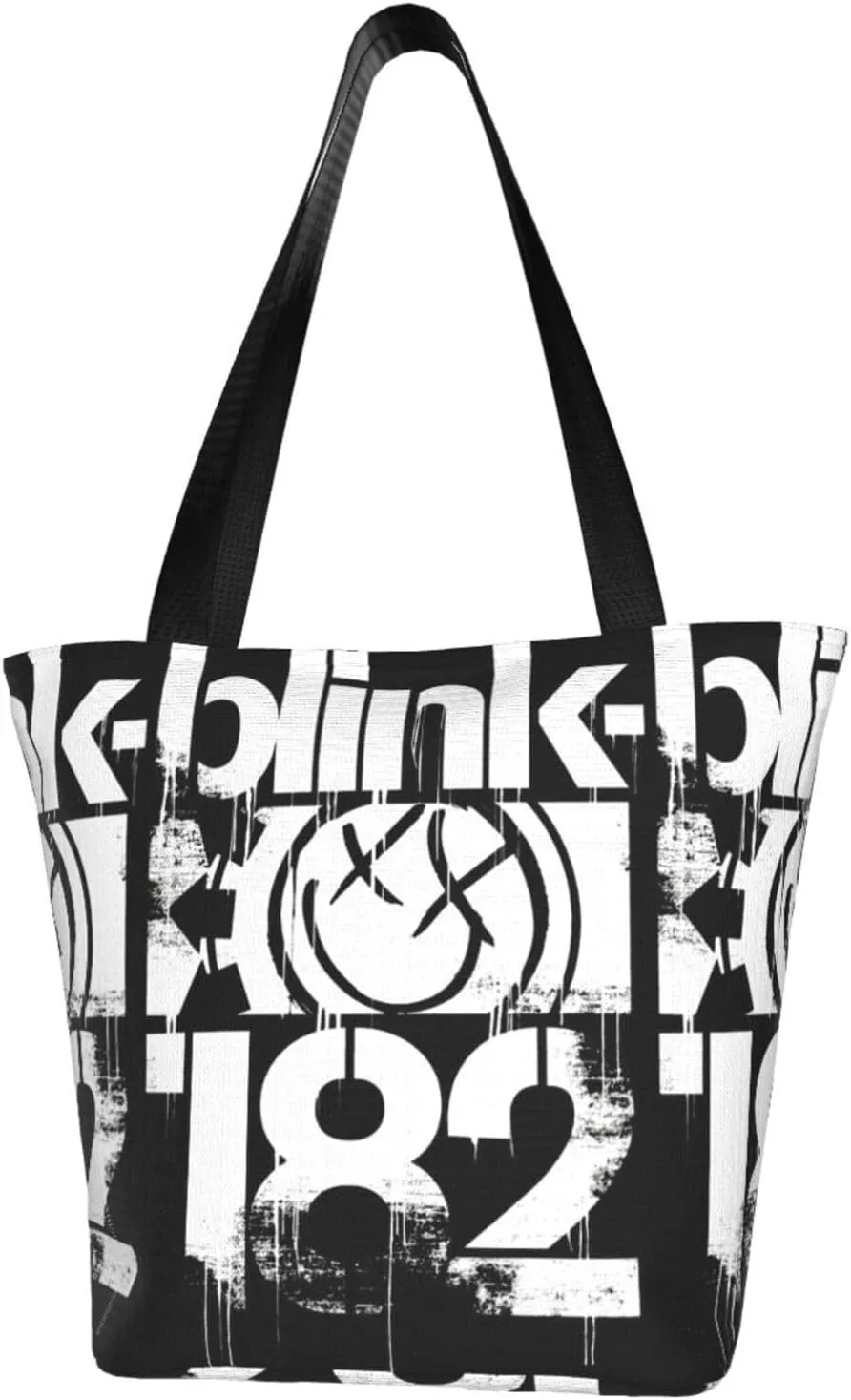 Blink Classic Rock 182 Reusable Grocery Bag Shopping Bags Tote Bags with Zipper Women Shoulder Bag for Outdoor Storage Bag Funny Daily Bag Large Capacity Handbag for Kitchen, Black