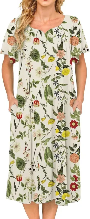 Bloggerlove House Dresses for Women With Pockets Mumu Duster Housecoat Short Sleeve Patio Dress S-XXL