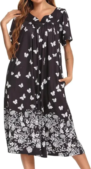 Bloggerlove House Dresses for Women With Pockets Mumu Duster Housecoat Short Sleeve Patio Dress S-XXL