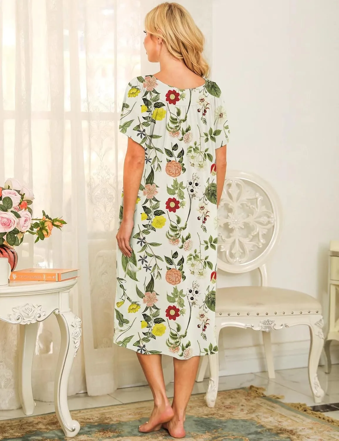 Bloggerlove House Dresses for Women With Pockets Mumu Duster Housecoat Short Sleeve Patio Dress S-XXL