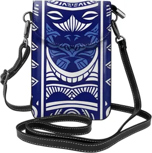 Blue Polynesian Maori Tribal Pattern Printed Crossbody Cell Phone Bag for Women Men, Small Leather Cell Phone Purse Wallet with Adjustable Strap