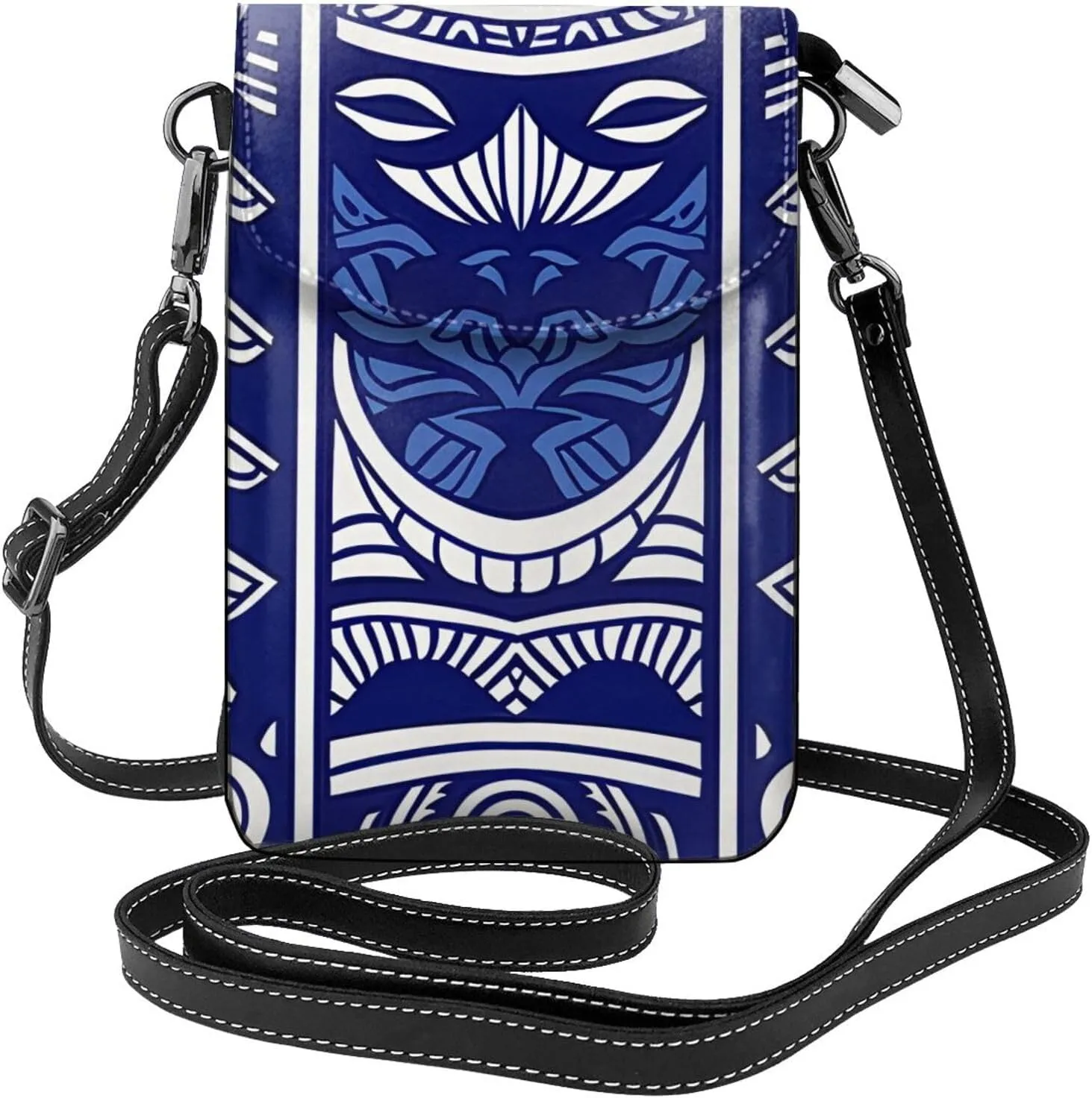 Blue Polynesian Maori Tribal Pattern Printed Crossbody Cell Phone Bag for Women Men, Small Leather Cell Phone Purse Wallet with Adjustable Strap