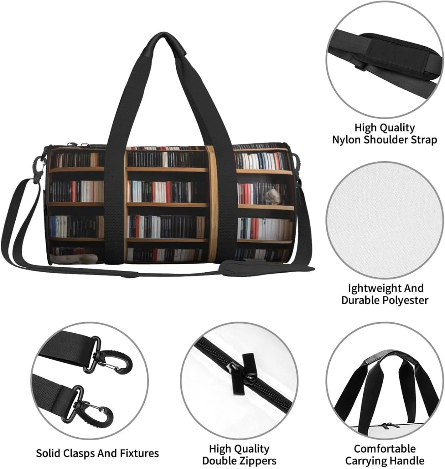 Bookshelf Book Printed Travel Bag,Round Personal Item Storage bag,Foldie Duffel Bag for Traveling Vacation,Fitness,Sports
