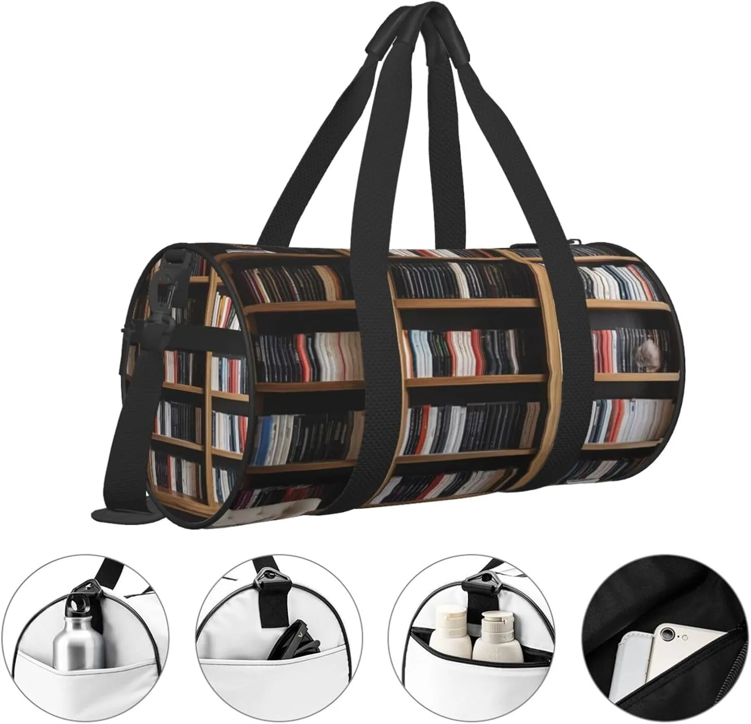 Bookshelf Book Printed Travel Bag,Round Personal Item Storage bag,Foldie Duffel Bag for Traveling Vacation,Fitness,Sports