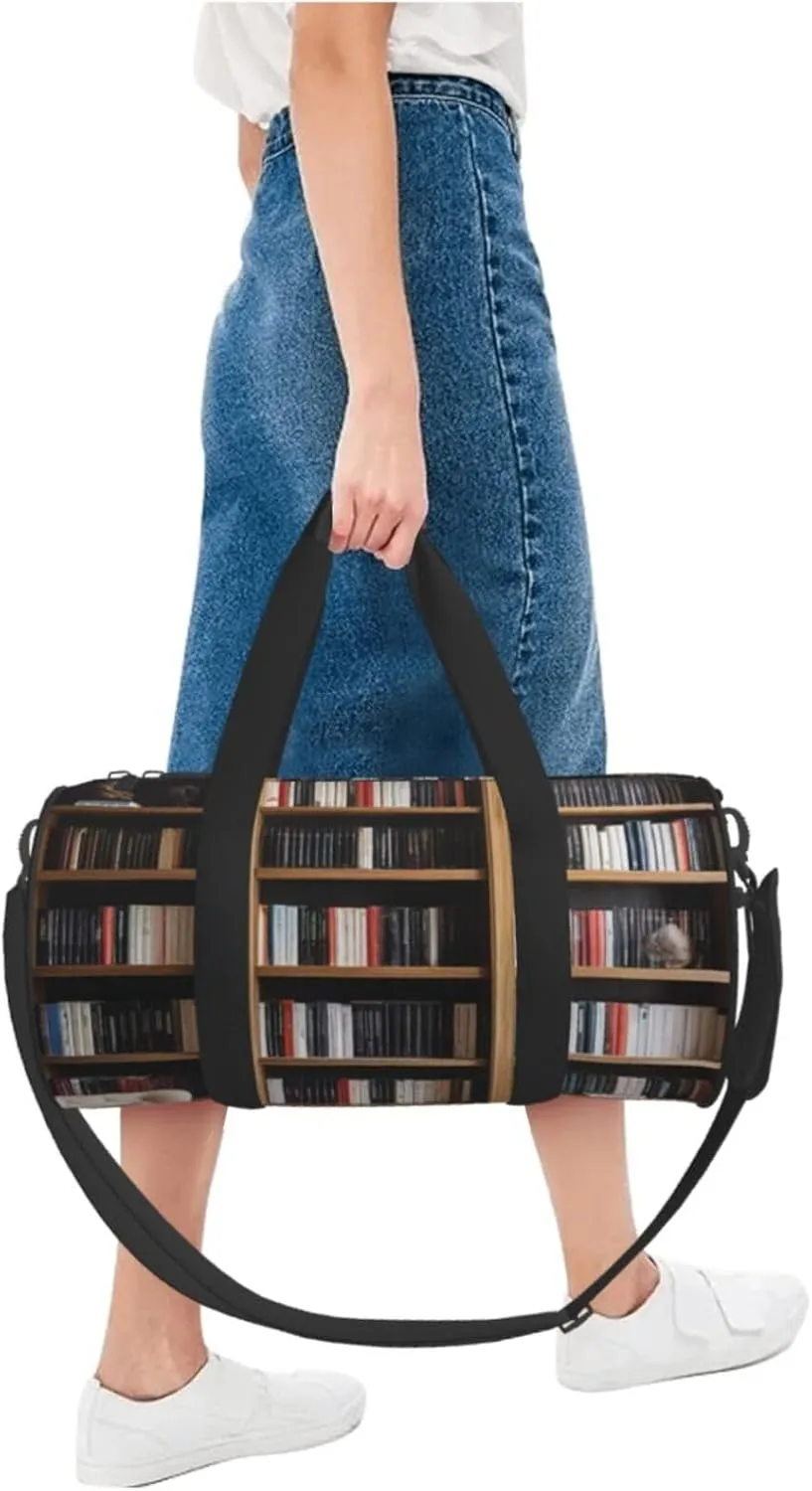 Bookshelf Book Printed Travel Bag,Round Personal Item Storage bag,Foldie Duffel Bag for Traveling Vacation,Fitness,Sports