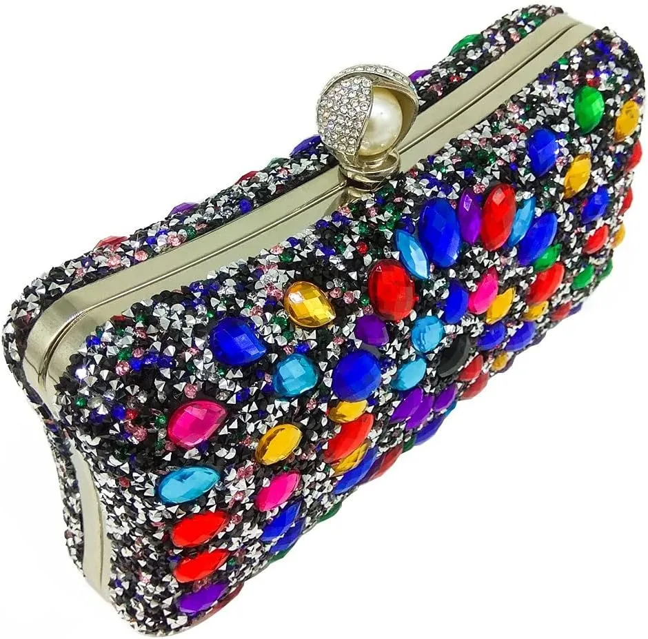 Boutique De FGG Pearl Clasp Crystal Clutch Purses for Women Evening Bags Wedding Handbag Party Rhinestone Clutch Bag,Mini