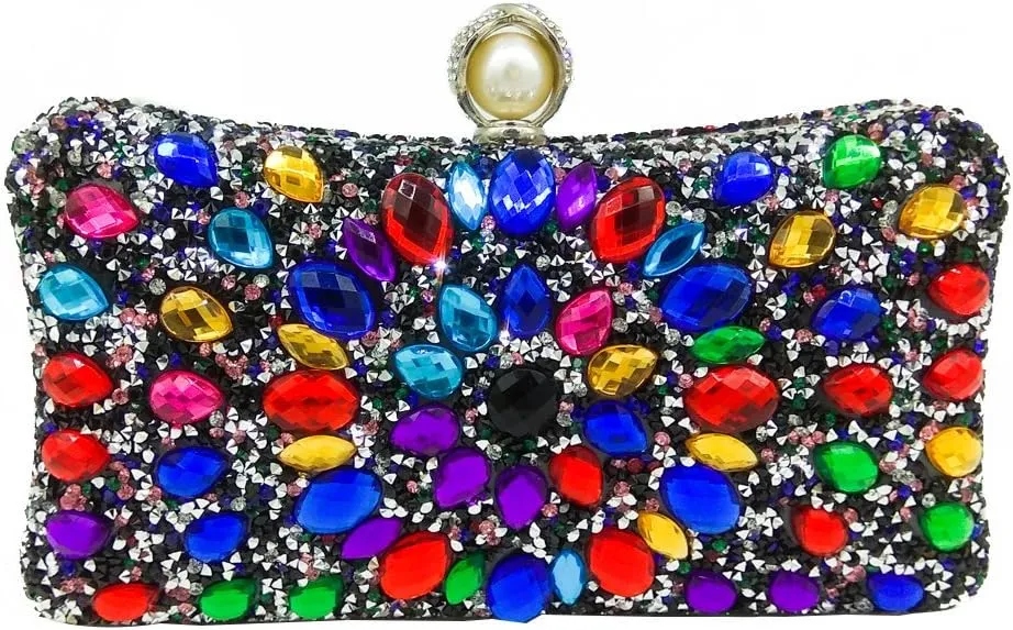 Boutique De FGG Pearl Clasp Crystal Clutch Purses for Women Evening Bags Wedding Handbag Party Rhinestone Clutch Bag,Mini