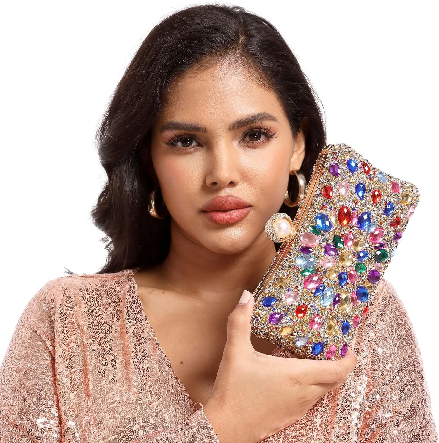 Boutique De FGG Pearl Clasp Crystal Clutch Purses for Women Evening Bags Wedding Handbag Party Rhinestone Clutch Bag,Mini