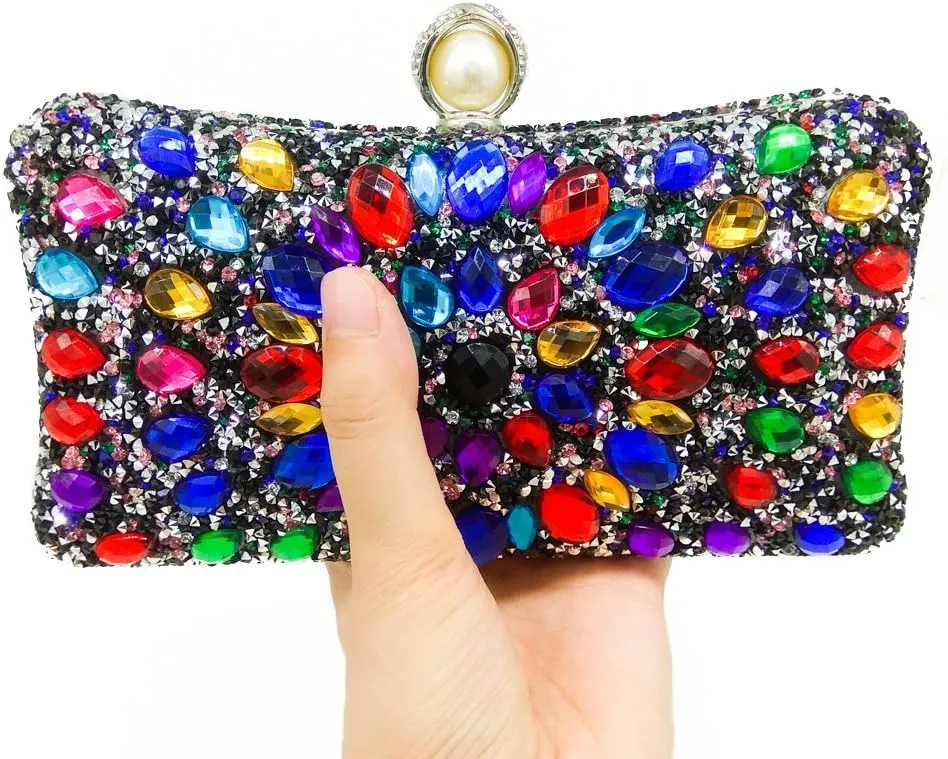 Boutique De FGG Pearl Clasp Crystal Clutch Purses for Women Evening Bags Wedding Handbag Party Rhinestone Clutch Bag,Mini
