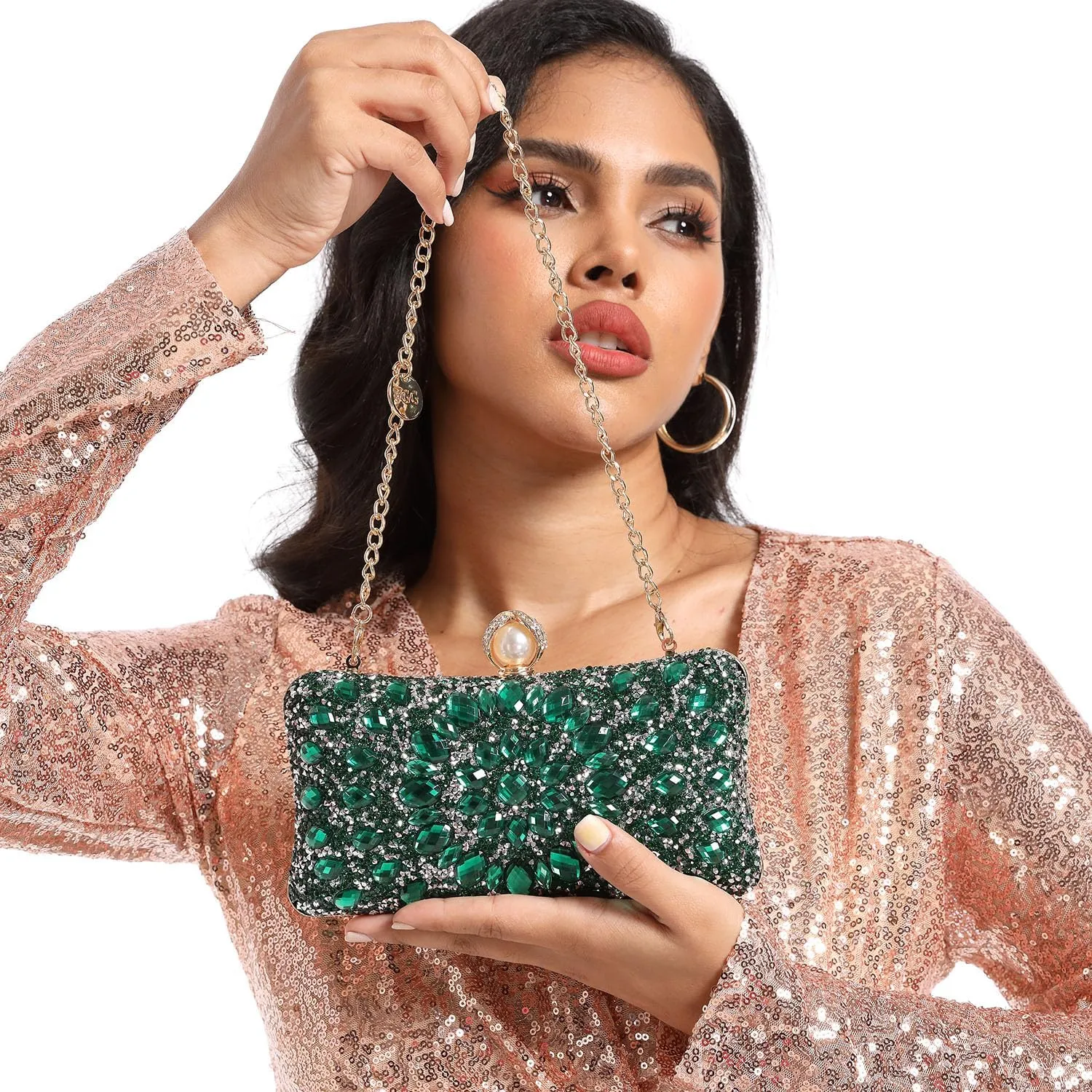 Boutique De FGG Pearl Clasp Crystal Clutch Purses for Women Evening Bags Wedding Handbag Party Rhinestone Clutch Bag,Mini