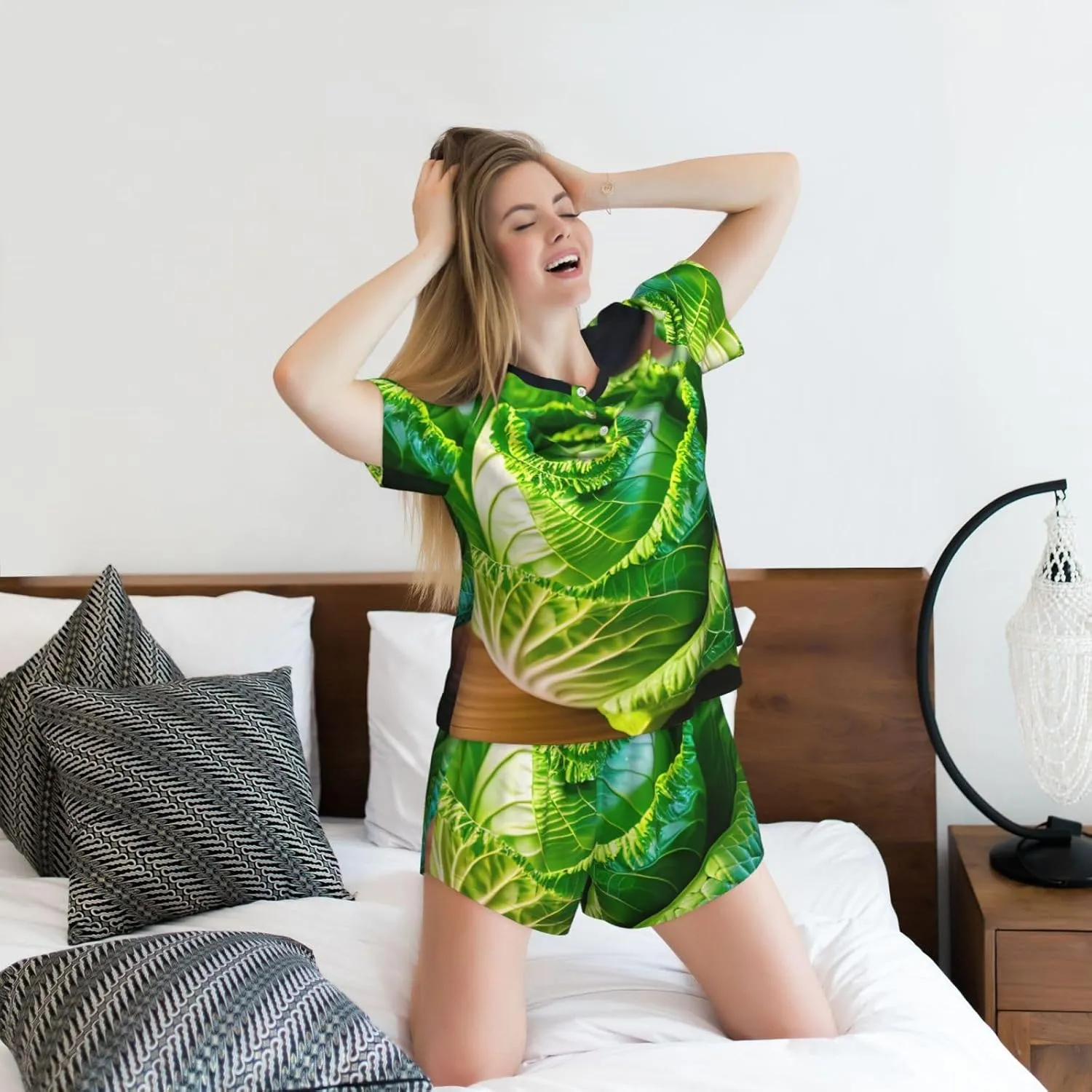 Bright Cabbage print Pajama Sets Short Sleeve Sleepwear Top and Pants Floral Printed Lounge Sets with Pockets