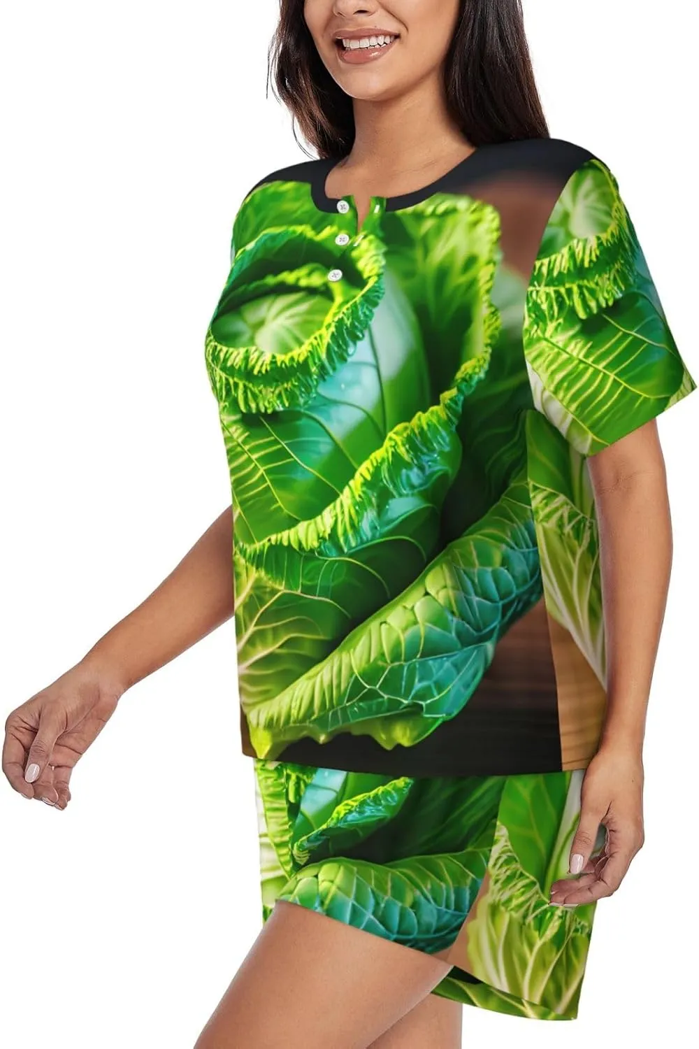 Bright Cabbage print Pajama Sets Short Sleeve Sleepwear Top and Pants Floral Printed Lounge Sets with Pockets