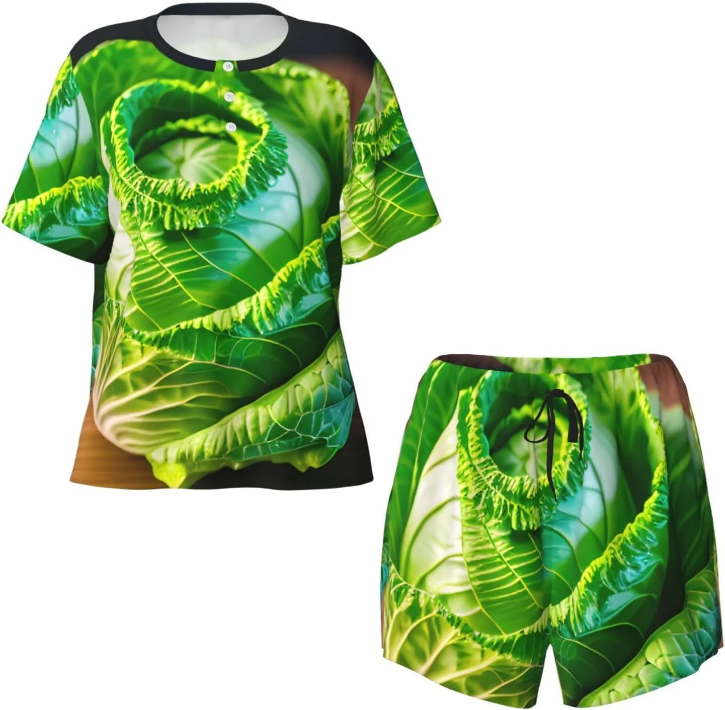 Bright Cabbage print Pajama Sets Short Sleeve Sleepwear Top and Pants Floral Printed Lounge Sets with Pockets