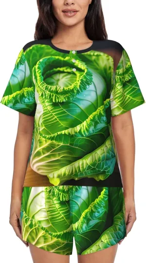 Bright Cabbage print Pajama Sets Short Sleeve Sleepwear Top and Pants Floral Printed Lounge Sets with Pockets