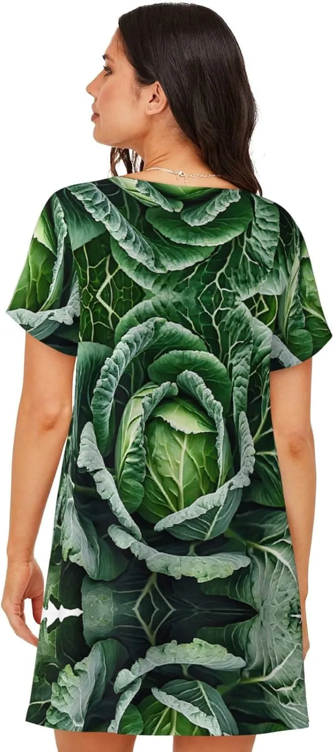 Bright Cabbage Print Womens Nightgowns Short Sleeve Printed Nightshirts Casual Sleepwear Soft Sleepdress S-3xl