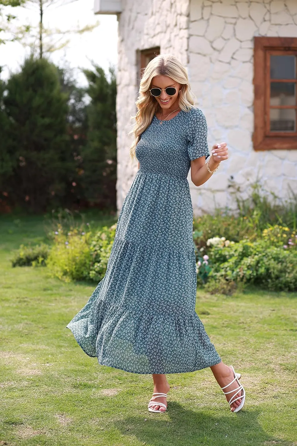 BTFBM Women Casual Short Sleeve Crew Neck Summer Dress Bohemian Floral Printed Flowy Maxi Dresses Tiered Cocktail Dress