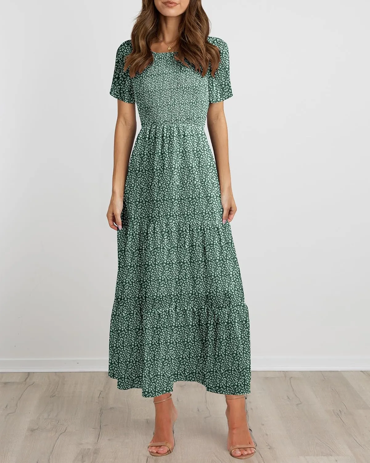 BTFBM Women Casual Short Sleeve Crew Neck Summer Dress Bohemian Floral Printed Flowy Maxi Dresses Tiered Cocktail Dress