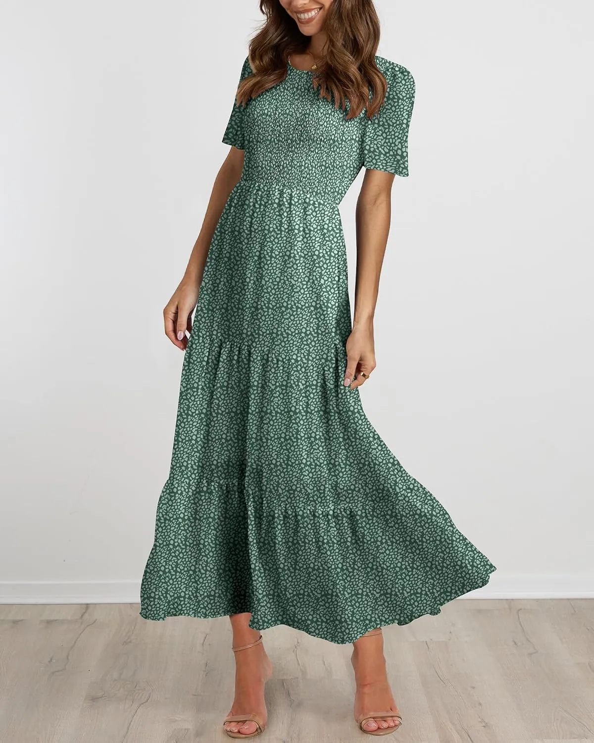 BTFBM Women Casual Short Sleeve Crew Neck Summer Dress Bohemian Floral Printed Flowy Maxi Dresses Tiered Cocktail Dress