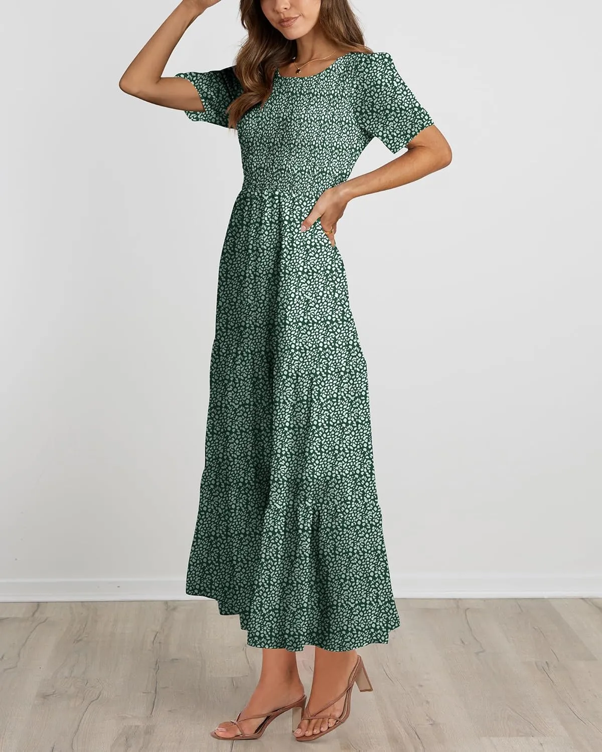 BTFBM Women Casual Short Sleeve Crew Neck Summer Dress Bohemian Floral Printed Flowy Maxi Dresses Tiered Cocktail Dress