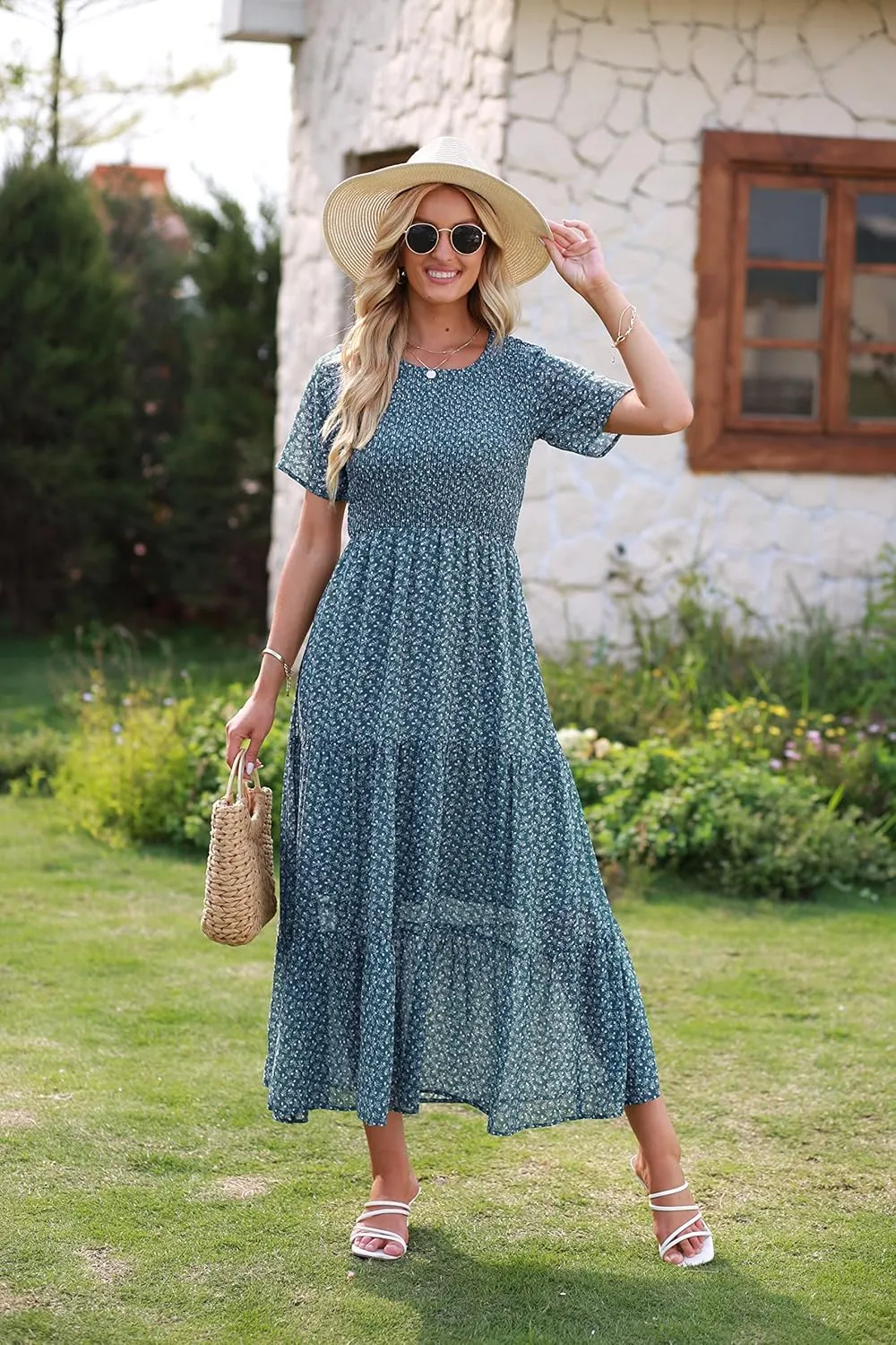 BTFBM Women Casual Short Sleeve Crew Neck Summer Dress Bohemian Floral Printed Flowy Maxi Dresses Tiered Cocktail Dress