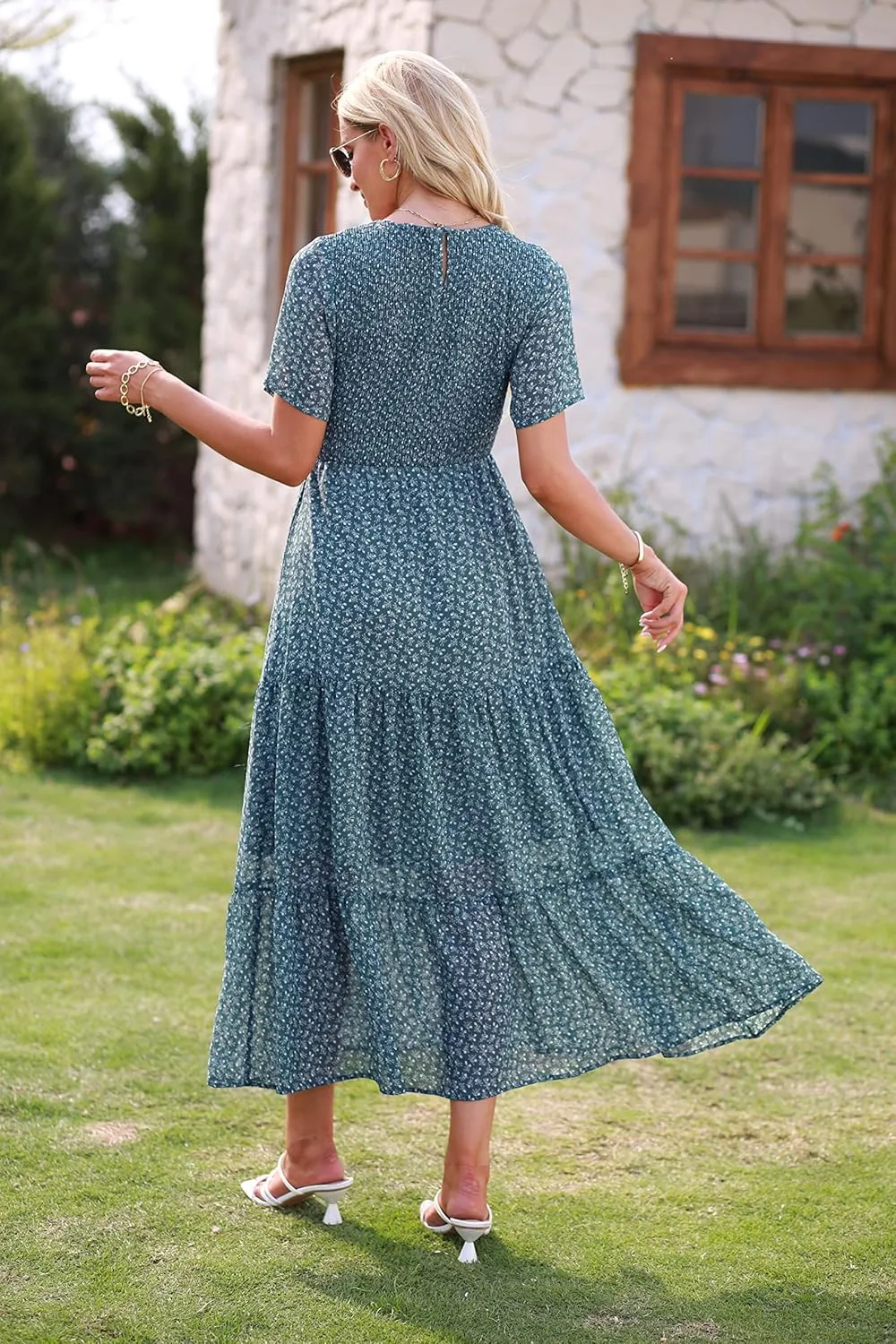 BTFBM Women Casual Short Sleeve Crew Neck Summer Dress Bohemian Floral Printed Flowy Maxi Dresses Tiered Cocktail Dress