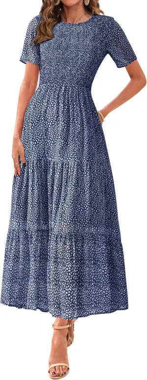 BTFBM Women Casual Short Sleeve Crew Neck Summer Dress Bohemian Floral Printed Flowy Maxi Dresses Tiered Cocktail Dress