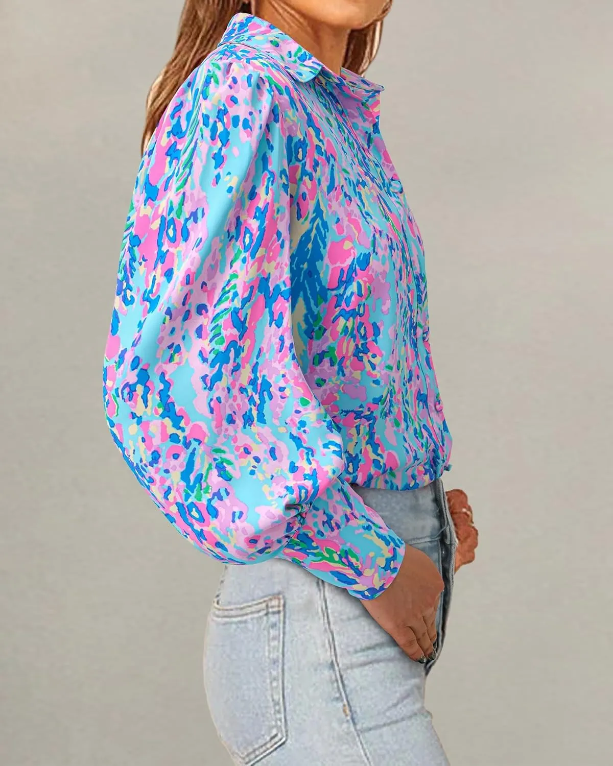 BTFBM Women Fashion Button Down Shirts V Neck Printed Solid Boho Long Sleeve Blouses Dressy Casual Summer Spring Tops