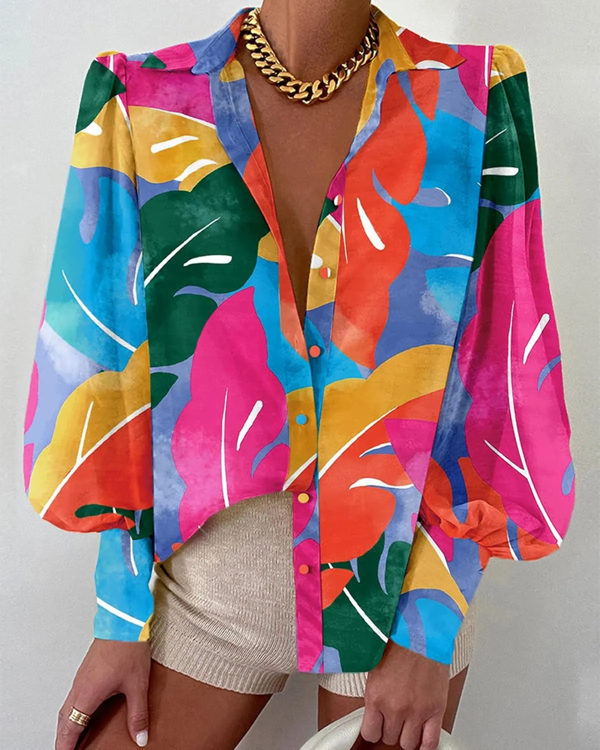 BTFBM Women Fashion Button Down Shirts V Neck Printed Solid Boho Long Sleeve Blouses Dressy Casual Summer Spring Tops