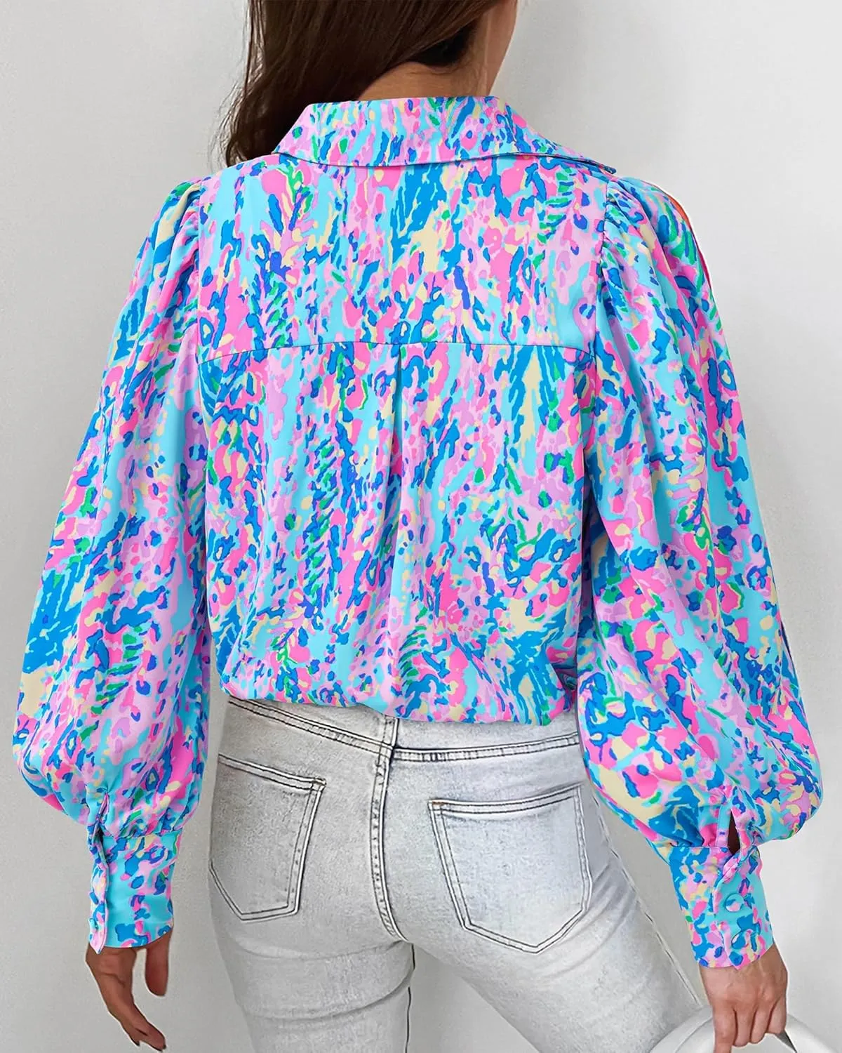 BTFBM Women Fashion Button Down Shirts V Neck Printed Solid Boho Long Sleeve Blouses Dressy Casual Summer Spring Tops