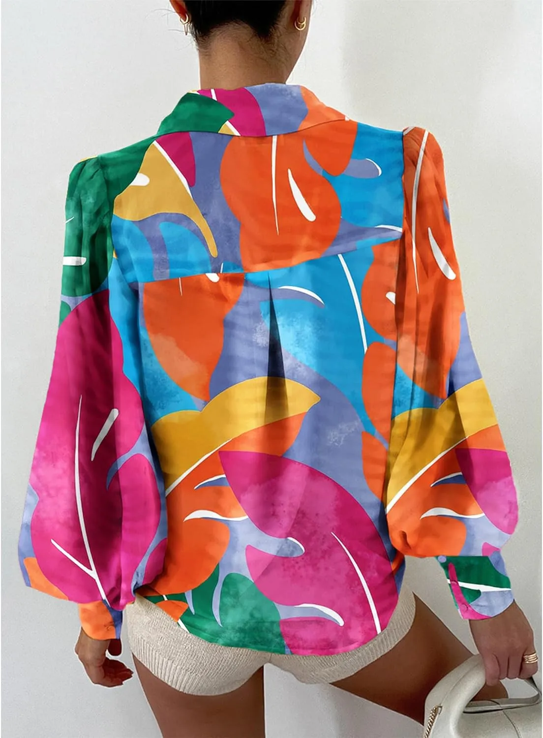 BTFBM Women Fashion Button Down Shirts V Neck Printed Solid Boho Long Sleeve Blouses Dressy Casual Summer Spring Tops