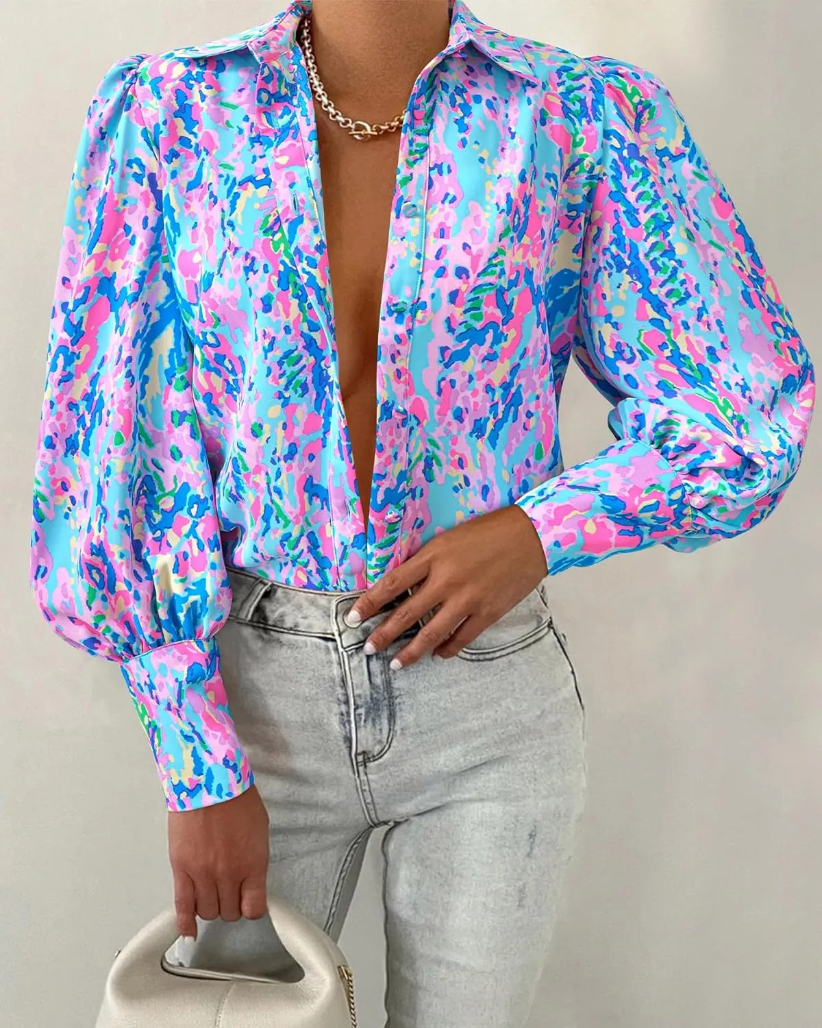 BTFBM Women Fashion Button Down Shirts V Neck Printed Solid Boho Long Sleeve Blouses Dressy Casual Summer Spring Tops