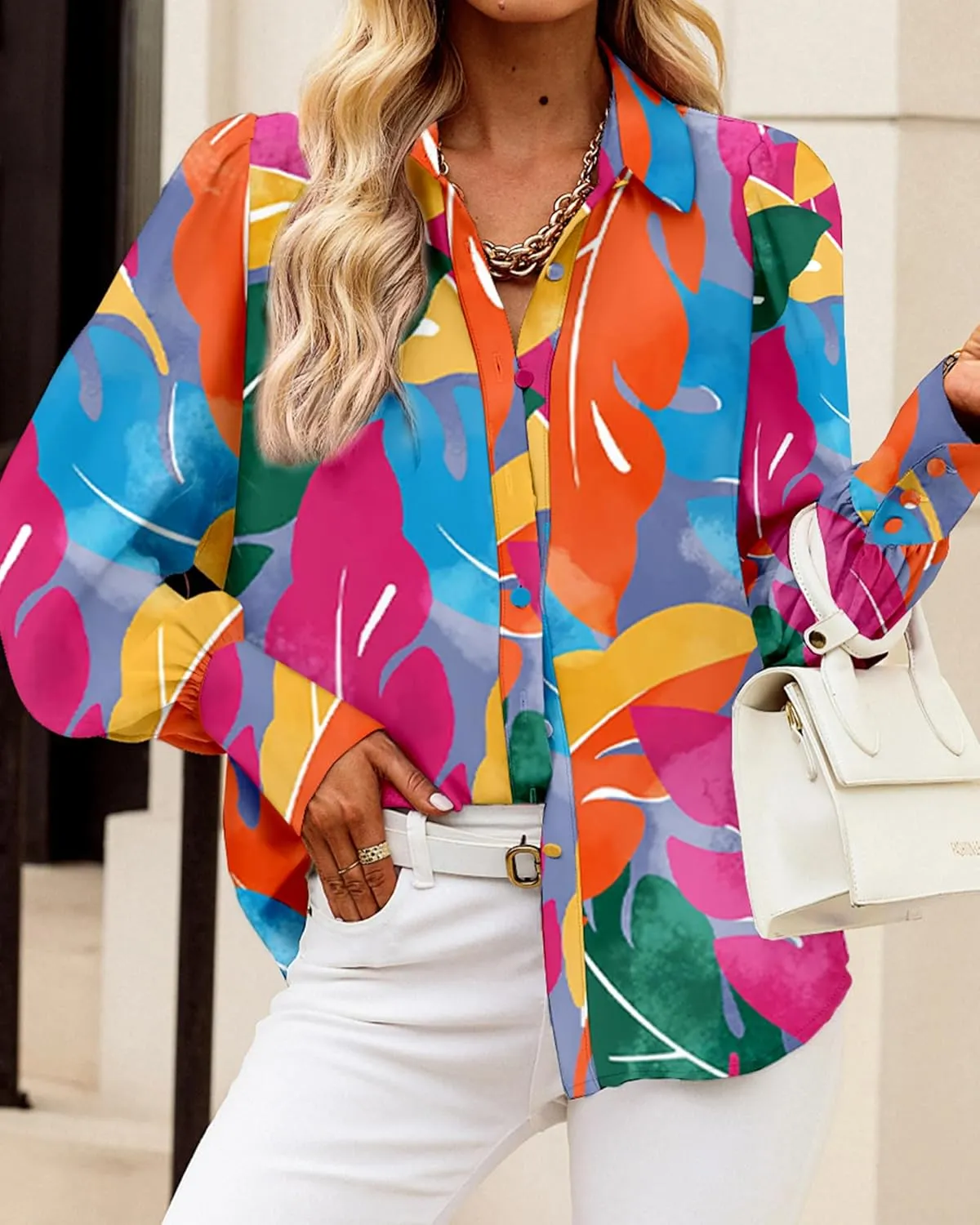BTFBM Women Fashion Button Down Shirts V Neck Printed Solid Boho Long Sleeve Blouses Dressy Casual Summer Spring Tops
