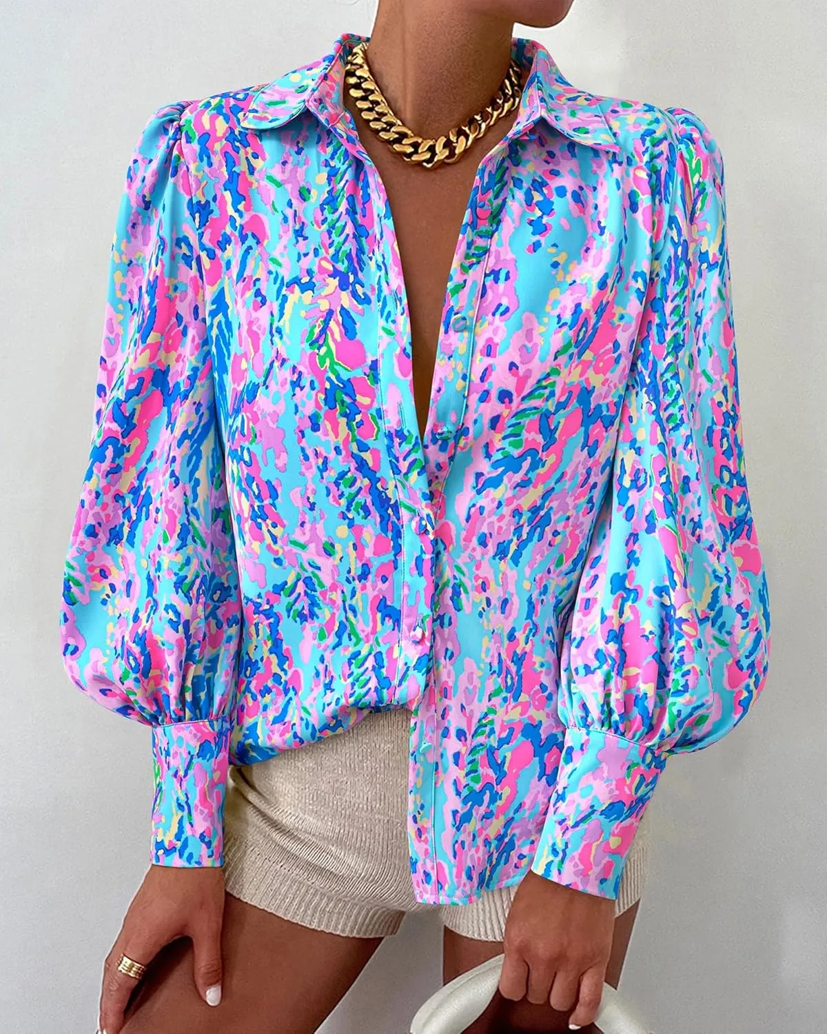 BTFBM Women Fashion Button Down Shirts V Neck Printed Solid Boho Long Sleeve Blouses Dressy Casual Summer Spring Tops