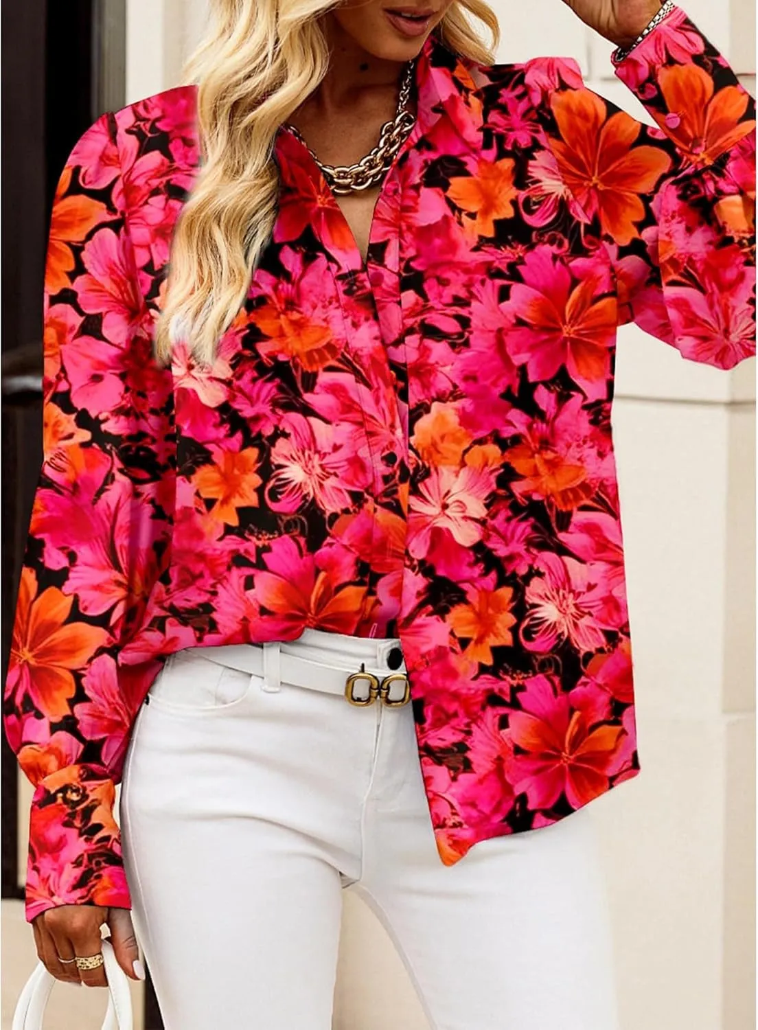 BTFBM Women Fashion Button Down Shirts V Neck Printed Solid Boho Long Sleeve Blouses Dressy Casual Summer Spring Tops