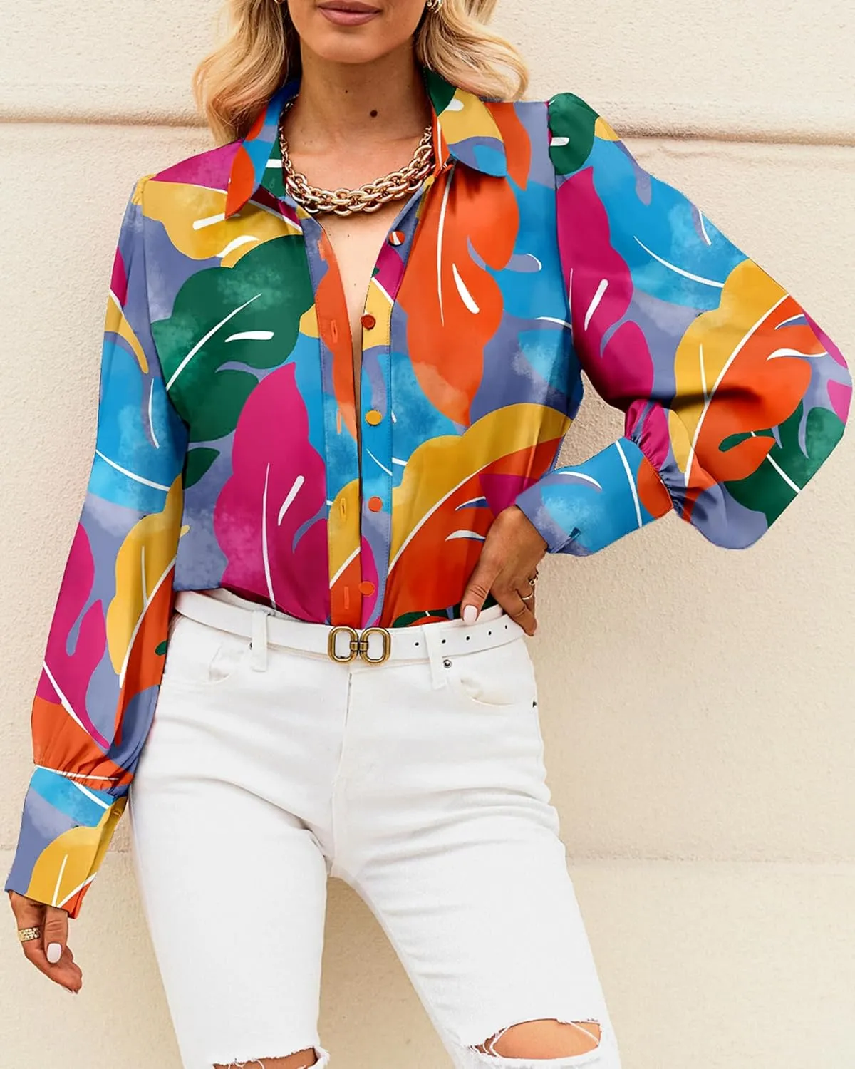 BTFBM Women Fashion Button Down Shirts V Neck Printed Solid Boho Long Sleeve Blouses Dressy Casual Summer Spring Tops