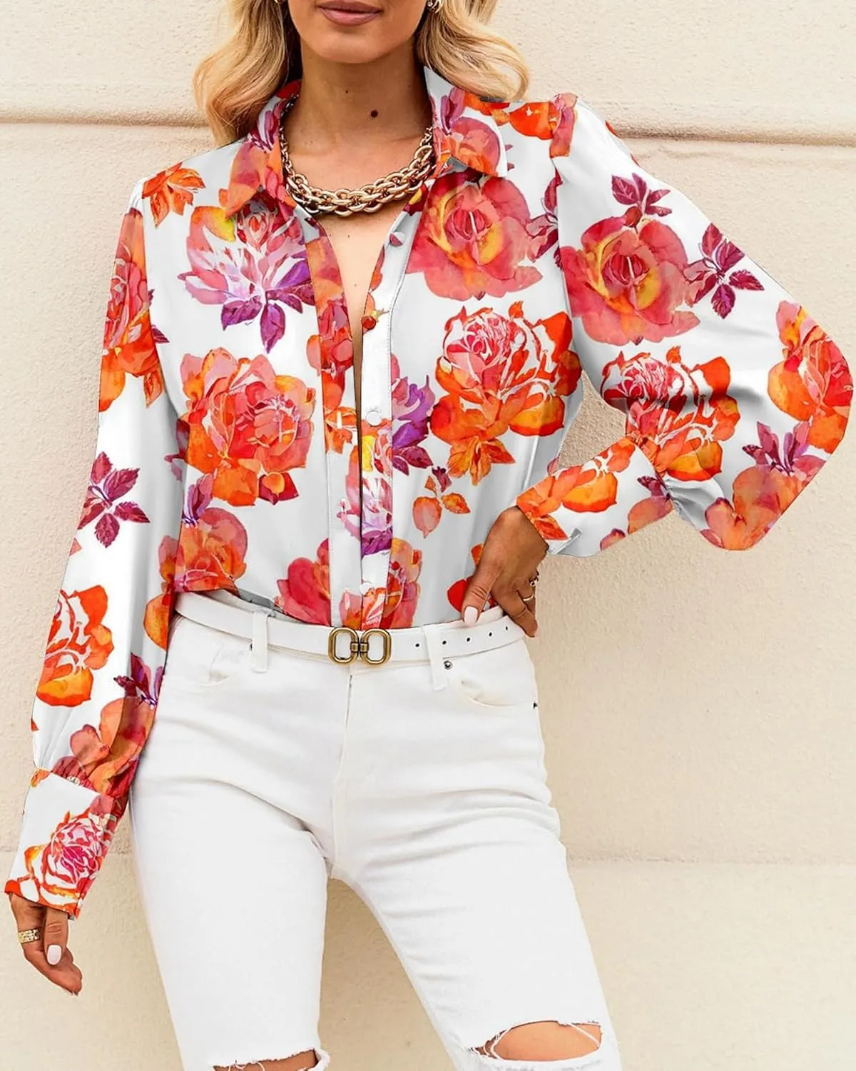 BTFBM Women Fashion Button Down Shirts V Neck Printed Solid Boho Long Sleeve Blouses Dressy Casual Summer Spring Tops