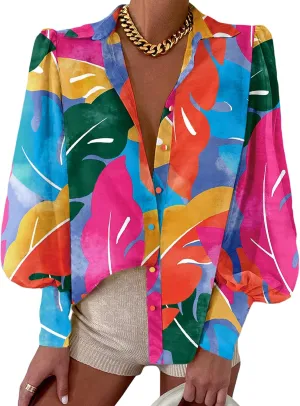 BTFBM Women Fashion Button Down Shirts V Neck Printed Solid Boho Long Sleeve Blouses Dressy Casual Summer Spring Tops