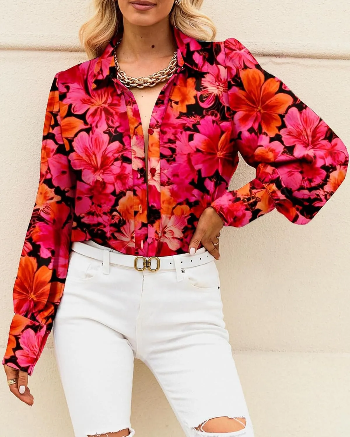 BTFBM Women Fashion Button Down Shirts V Neck Printed Solid Boho Long Sleeve Blouses Dressy Casual Summer Spring Tops