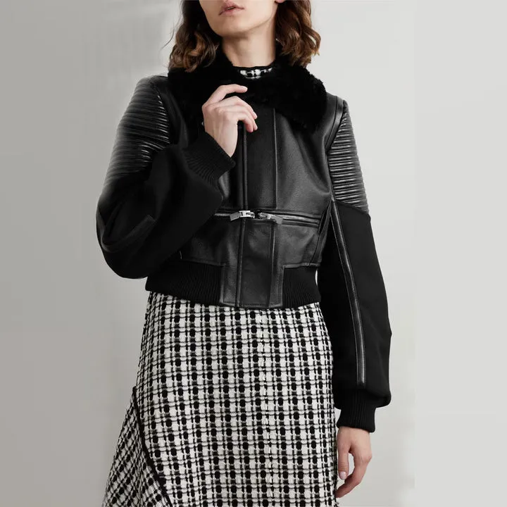 Buy Best Price Fashion Women Black Shearling-trimmed textured-leather bomber jacket