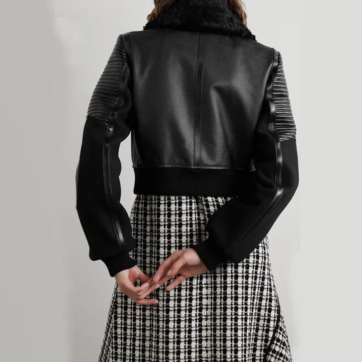 Buy Best Price Fashion Women Black Shearling-trimmed textured-leather bomber jacket
