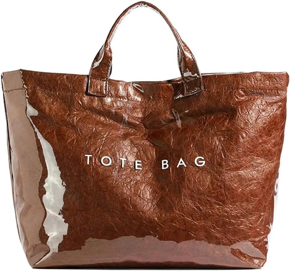 Caistre Women's PVC Tote Handbags Shoulder Bag Winter Fall Fashion Kraft Paper Tote Bag Y2K Large Shopping Bag